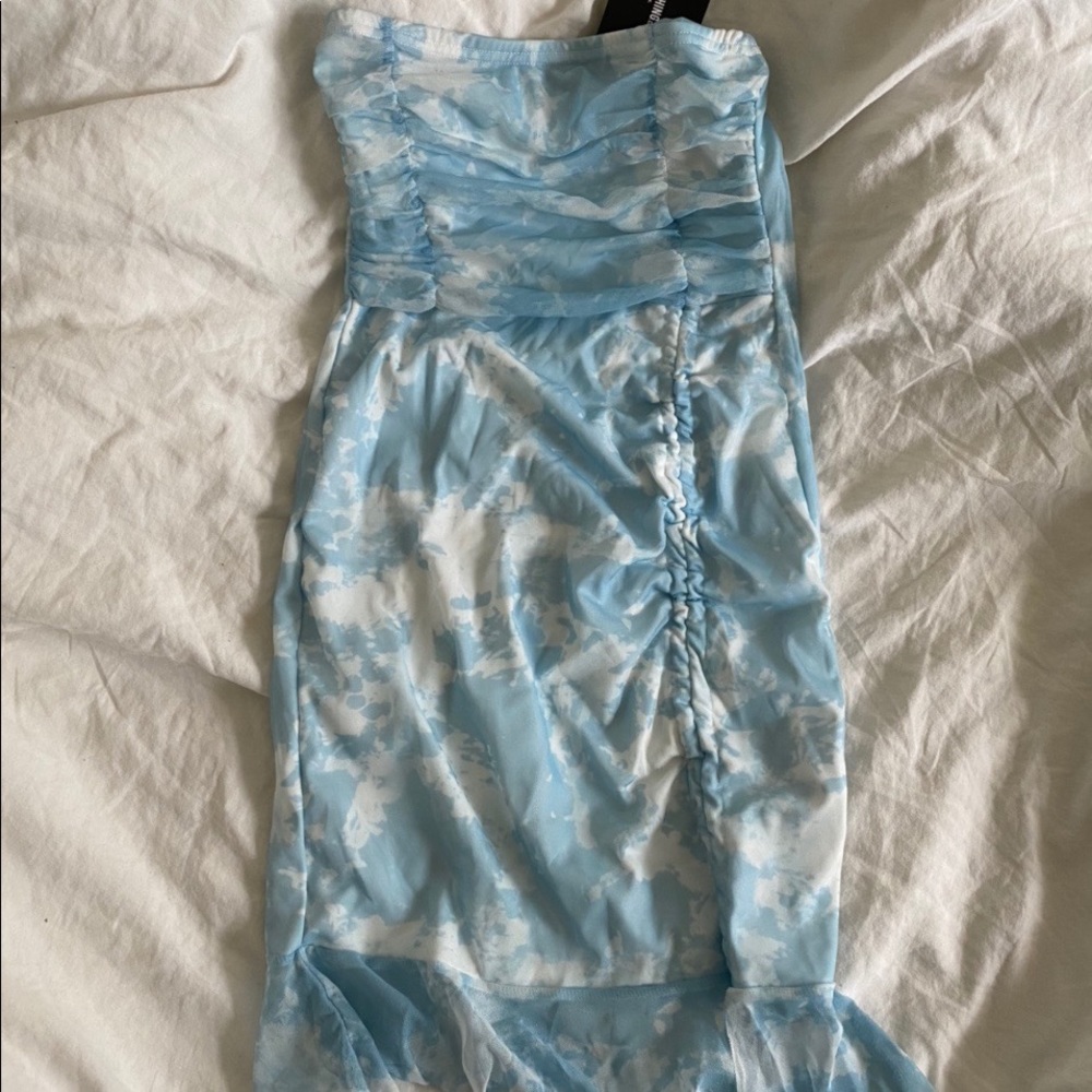 NWT PLT Baby Blue Tie Dye Mesh Ruche Bodycon Dress - Picture 2 of 3